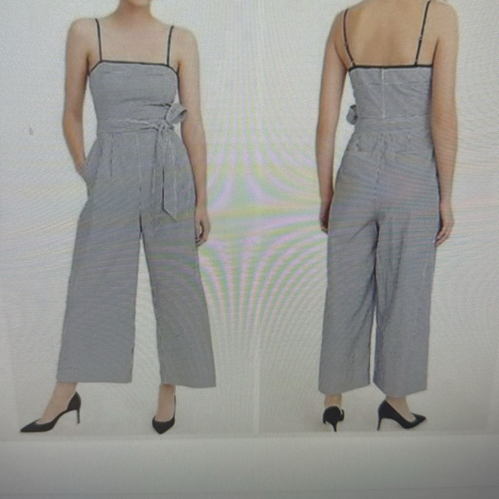 J Crew Marseille Jumpsuit, 100% cotton- navy/white striped, size 4